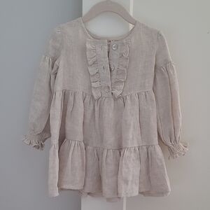 Beige Tiered Ruffle Dress with Elastic Cuffs | 2Y